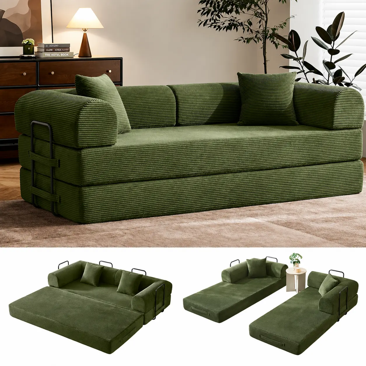79 in Corduroy 3-Seat Convertible Pull-Out Sleeper Sofa Bed - No-Assembly Modular Boneless Couch, Round Arms, Snap Frames for Living Room, Olive Green