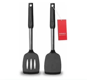 2 Pack Silicone Spatula Set – Solid & Slotted Turner, Heat Resistant Nonstick Cooking Spatulas, Stainless Steel Handle, Flexible Fish Egg Pancake Wok Turner, Black