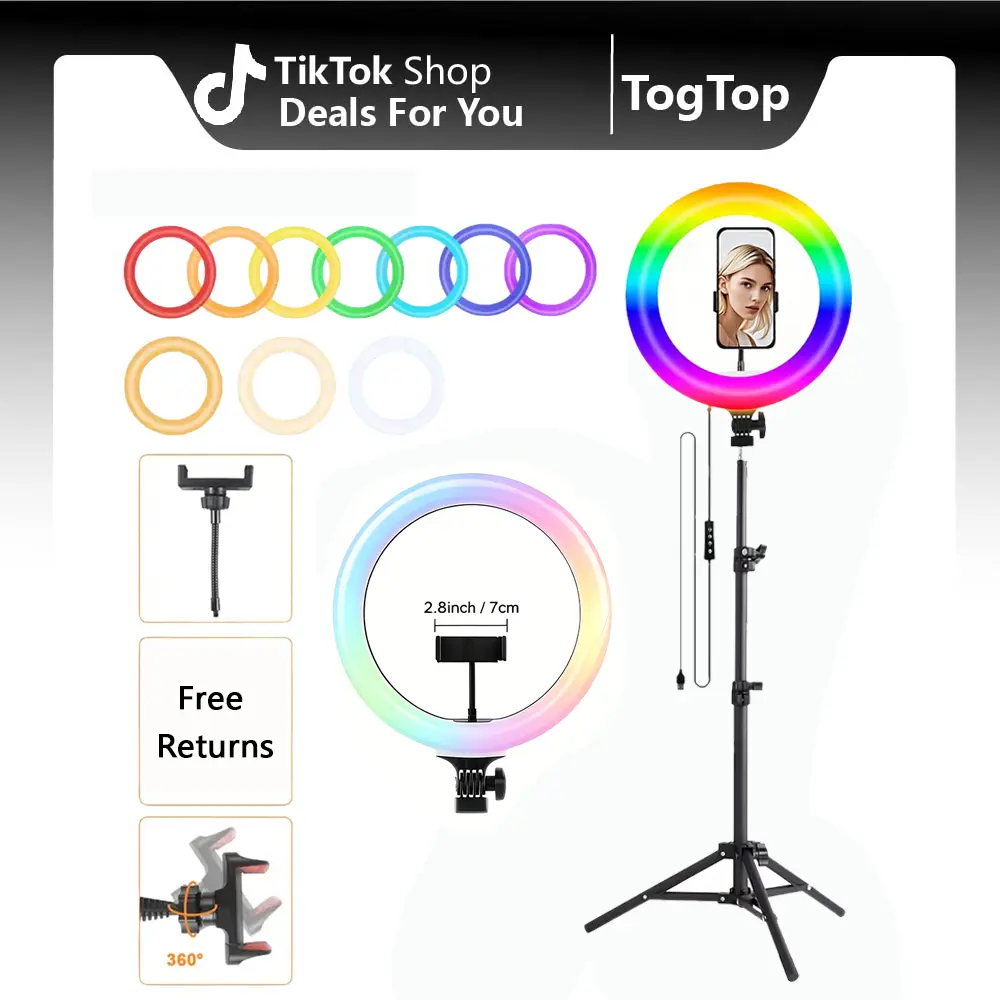12"RGB Ring Light with Tripod Stand, Tripod for Phone with Light Adjustable 43.3" 110cm Height Floor & 360° Lighting, Video Light Tripod Stand Phone Mount for Photo iPhone Content Creation TikTok YouTube#moodlighting