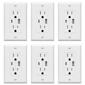 USB Outlet, Type C & Type A USB Wall Outlet, 15 Amp Tamper Resistant Receptacle Plug, Charging Power Outlet with USB Ports, Wall Plate Included, UL Listed, TU21536AC-W-6PCS, White, 6 Pack
