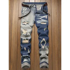 High quality casual fashion new style trendy multi-craft fried cat whiskers multi-position new style ripped men's jeans.