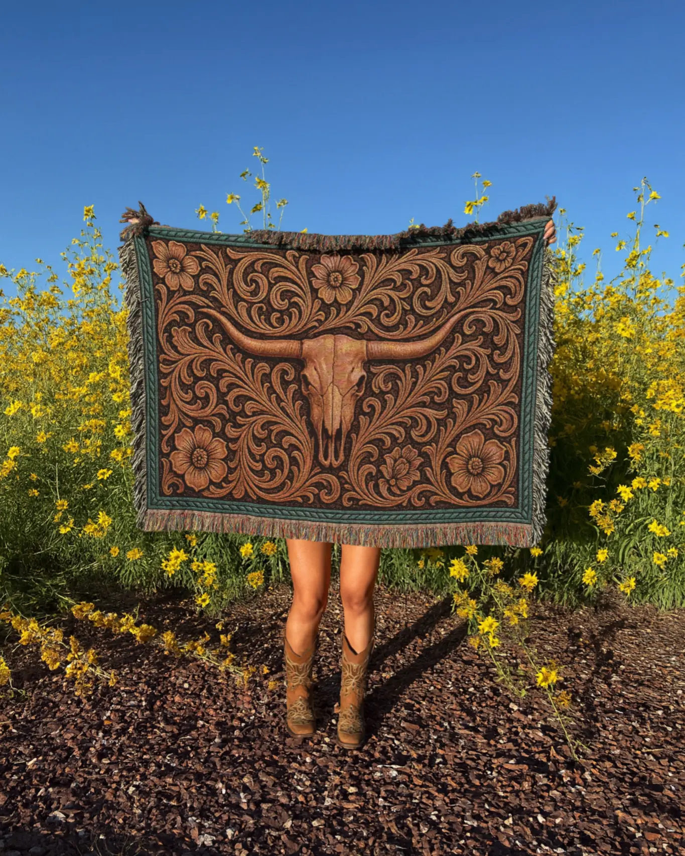 Woven Blanket with Western Tooled Leather Longhorn Design - Rustic Country Decor, 3 Sizes, Woven Threads, Fringed Edges, Perfect for Gifting or Home Decor