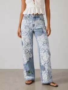 Light Wash Lace Print Wide Leg Jeans Y2K High Waisted Denim Pants Floral Graphic Women Baggy Straight Leg Aesthetic Streetwear Outfit