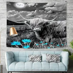 Black White Cow Moon Turquoise Daisy Tapestry, Soft Wall Hanging, Lightweight Photo Backdrop, Ideal for Western Farmhouse Bedroom Decor, Living Room Feature Wall, Dorm Room, Apartment, Country Party, Rustic Home Aesthetic Decor