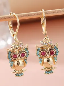 A Pair of Classic and Cute Owl Pendant Jewelry Trendy Colorful Synthetic Cubic Zirconia Lovely Animal Golden Plated Hanging Earrings for women Valentine's Day Gift，A Perfect and Interesting Holiday Gift