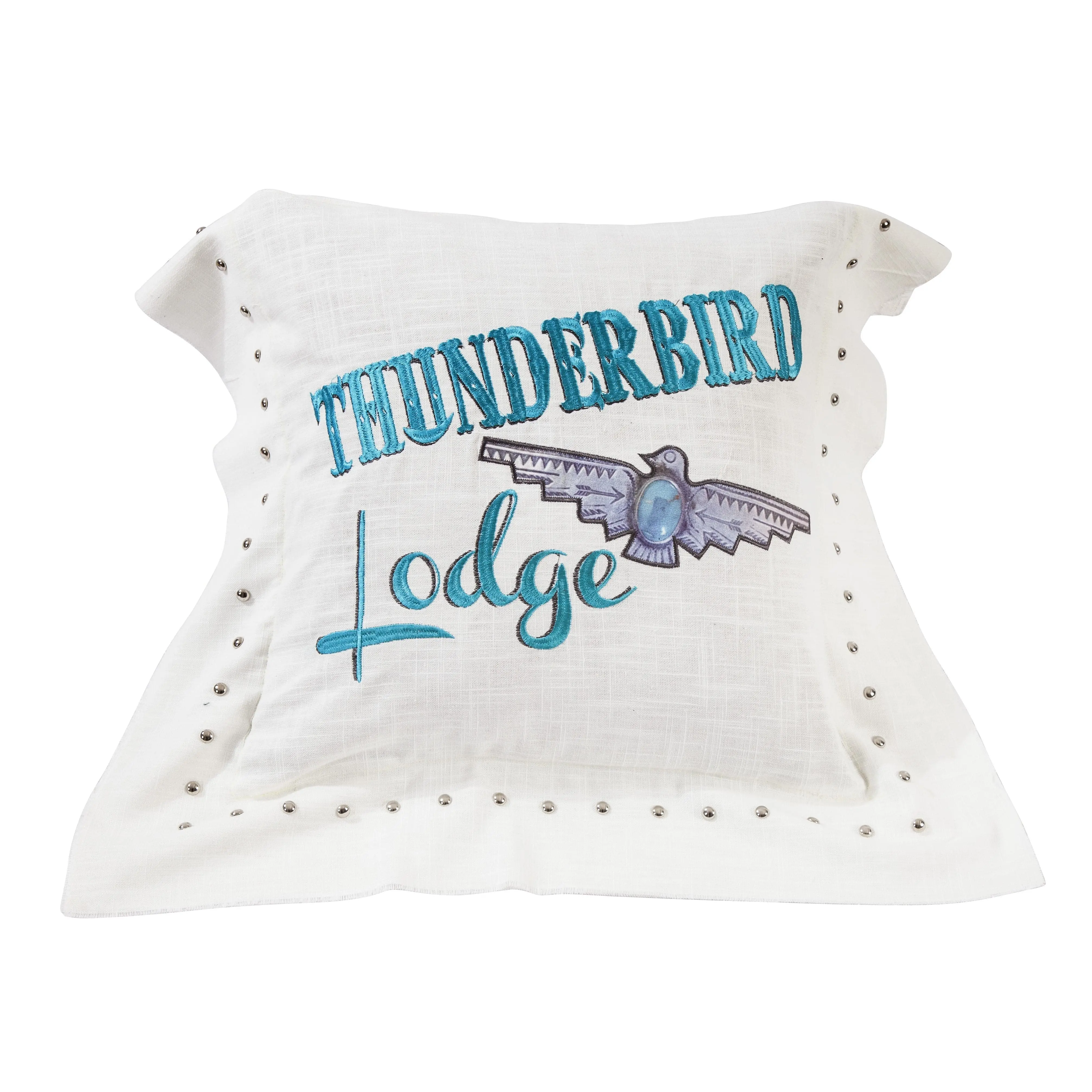 Turquoise Embroidered "Thunderbird Lodge" Pillow