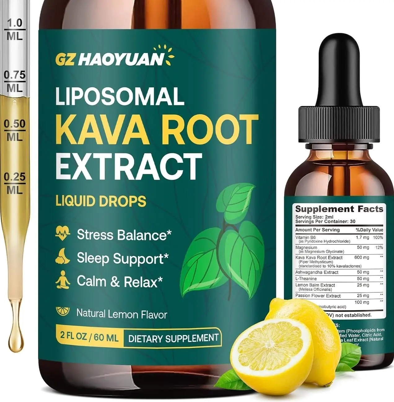 Liposomal Kava Kava Drops for Calming & Relaxation – Kava Root Extract Supplement with GABA, Ashwagandha & Magnesium - Support Mood & Better Sleep, Fast-Absorbing Vegan Kava Liquid Drops Lemon 2 Fl Oz