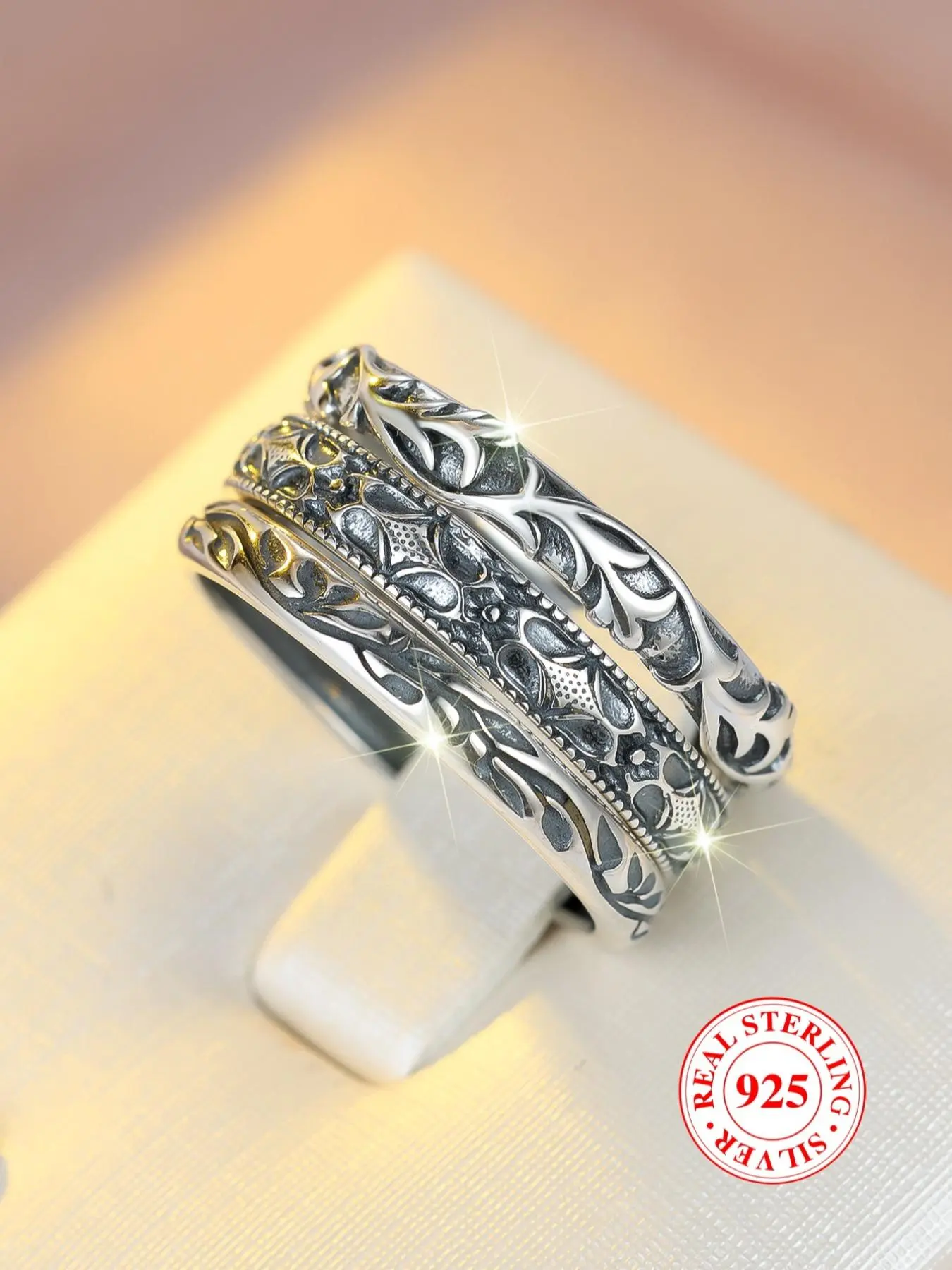 S925 Sterling Silver Vintage Pattern Blackened Ring Set, Unisex Casual Party Stackable Rings, Birthday Anniversary Gift with Box, Statement Rings, Unique Rings