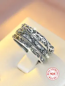 S925 Sterling Silver Vintage Pattern Blackened Ring Set, Unisex Casual Party Stackable Rings, Birthday Anniversary Gift with Box, Statement Rings