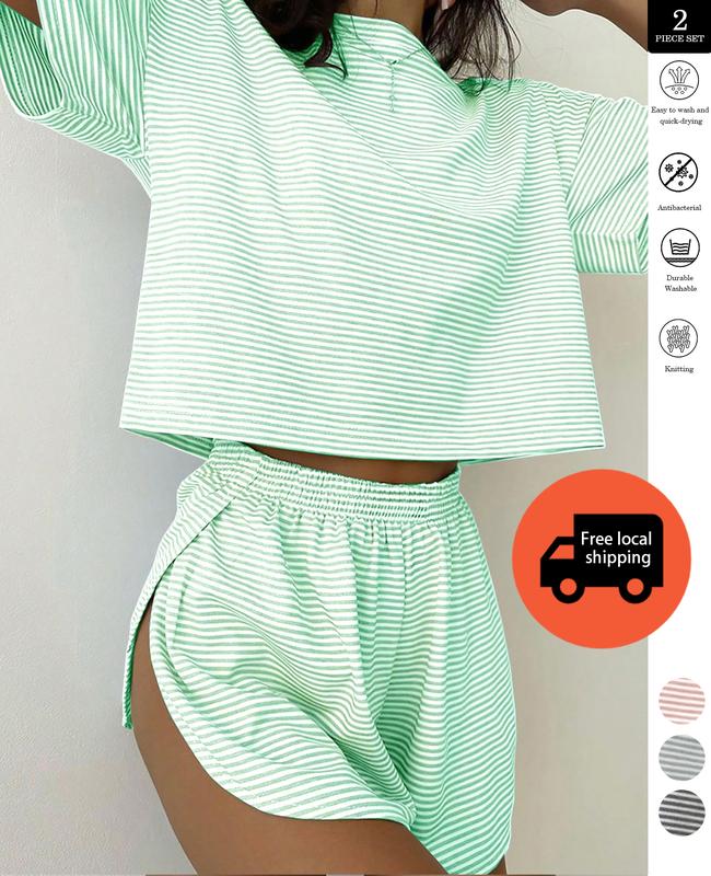Two-piece set Simple Four Seasons Spring and Summer Contrast Stripes Casual Loose Knit Short Sleeves Tops Side Slits Shorts Home Clothes Set Suitable for Home Use Silk Satin Lace Pajama Set pajamas Striped Beach organic fabric