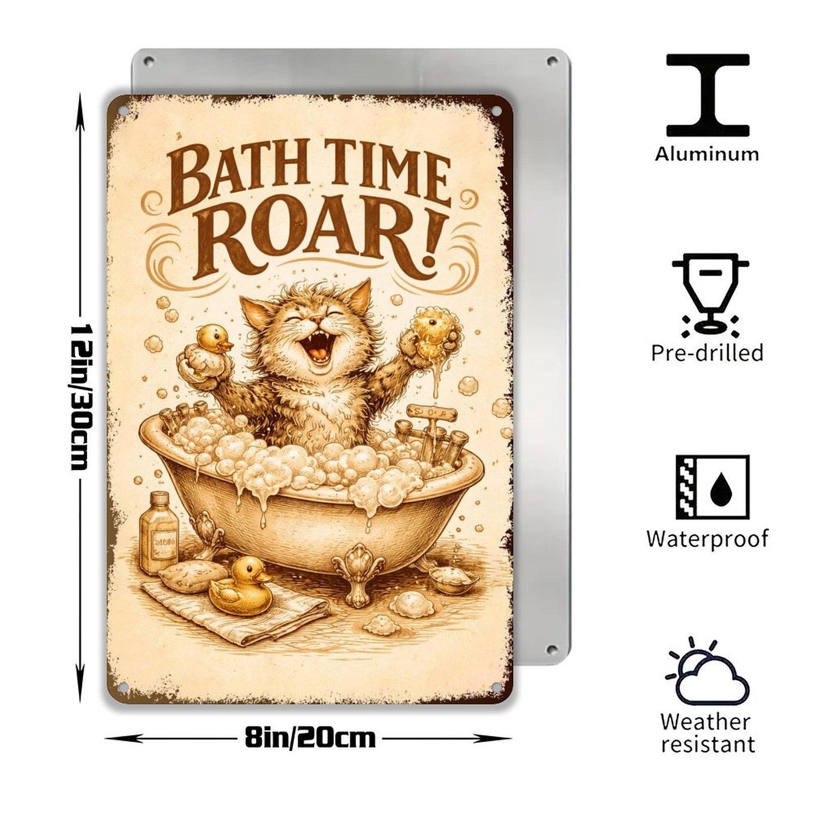 Bath Time Roar – Funny Cat Bathtub Art Print – 8x12 Inch Metal Sign for Bathroom, Kitchen, or Home Decor