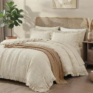 Beige Ruffle Comforter Set King Boho Bedding Sets for Bedroom 3 Pieces Soft Seersucker Comforter Set All Lightweight and Farmhouse Ruffled Bedding Set