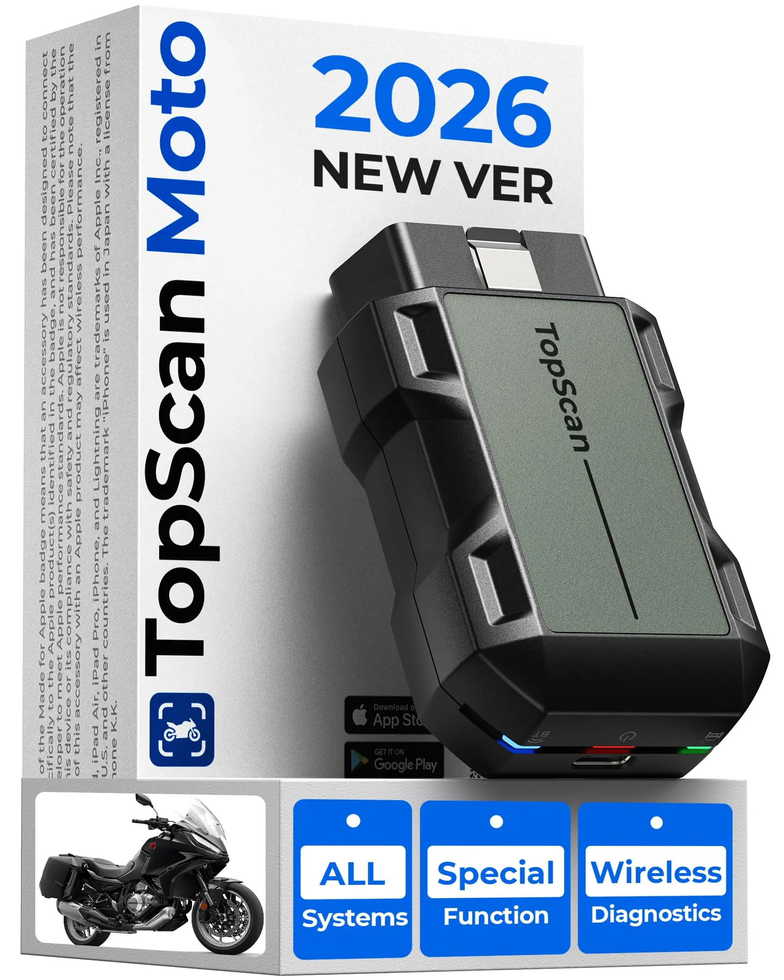 Motorcycle Scanner Bluetooth TOPDON TopScan, Motorcycle Scan Tool Fits for Harley, Ducati, BMW & Japan Brands, All Systems Motorbike Scanner Tool with Reset Functioan, Data Stream, AutoVIN, Summervibes