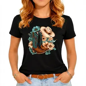 Western Cowboy Boots & Hat Floral Design T-Shirt Women's Graphic Tee Soft Comfortable Crew Neck Casual Unisex  Apparel Bottom Tshirt Cotton Womenswear  shirts women Fit Top Streetwear Summer   graphic  tees Breathable Customized Vintage