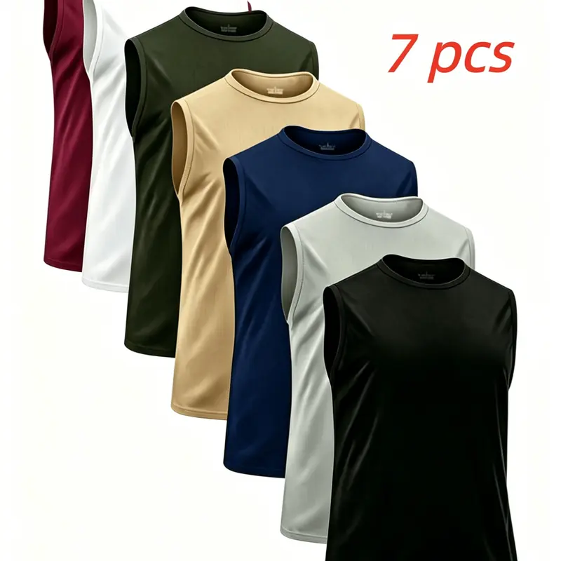 7pcs Men'S Athletic Breathable Lightweight Sleeveless Vest Loose Fit, Active Quick-Dry Round Neck Sleeveless Top, Men'S Sleeveless Shirt Clothing Top for Gym Training Exercise Quick-Dry Gym Outfits, Mens Clothing Wear Summer Underwear Top for Gym,Running