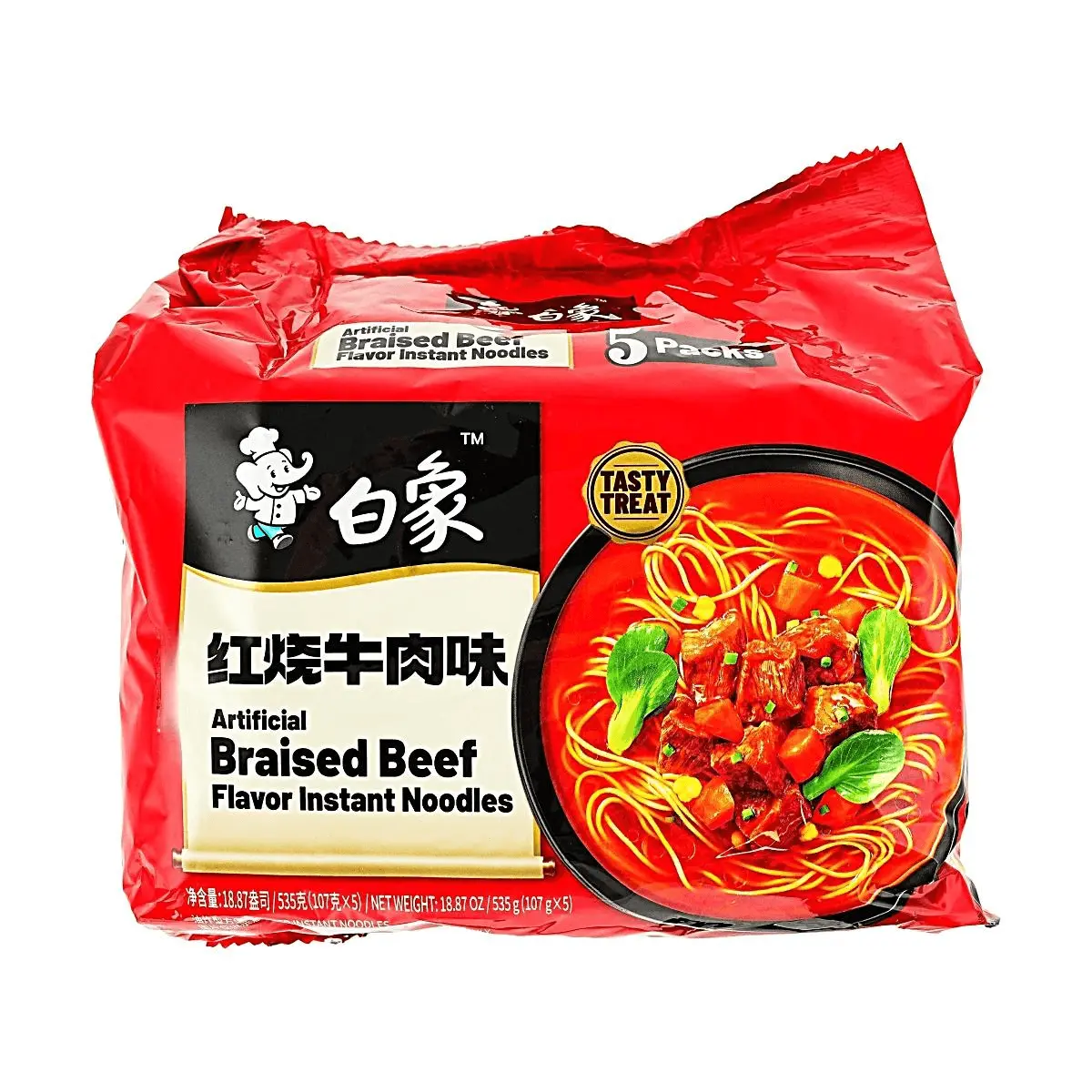Baixiang Braised Beef Flavor Instant Noodles - 5 Packs, 107g Each - Savory Chinese Ramen for Quick Meals