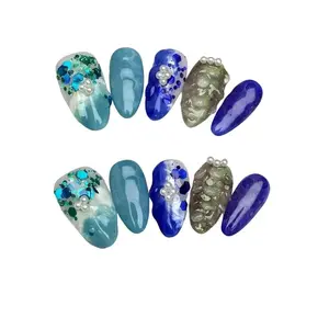 E141  Almond Nail Art diamonds nails blue press french nail press artistic nail glossy stick japanese nail diamond rhinestone Acrylic Dipping Powder