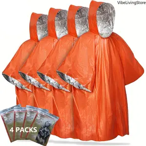 Hooded Emergency Rain Poncho, PE Material, Waterproof & Warm with Aluminum Coated Lining, Survival Emergency Blanket for Camping