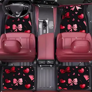 4Pcs Red Bow Heart Cherry Car Floor Mats, Sweet Cute Style- Durable Polyester All-Weather Car Floor Mats, Suitable for Cars, SUVs, Trucks-Stylish Design, Car Non-Slip Mats, Interior Accessories, Comfortable Driving.11.30QWA-63