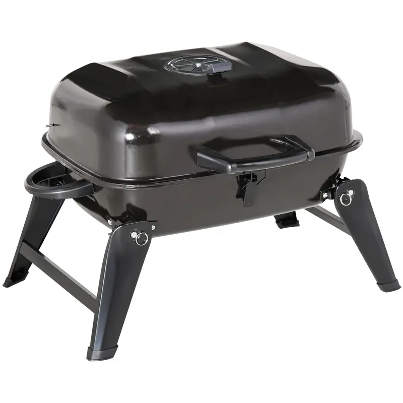 #tiktokshopbacktoschool Outsunny 14" Portable Charcoal Grill, Tabletop Small BBQ Grill for Outdoor Cooking, Camping, Tailgating, Enamel Coated, Vent, Folding Legs, Black