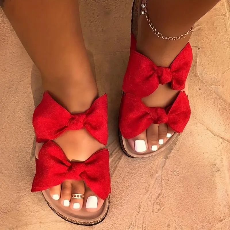 Women's Red Leopard Print Bow Tie Decorative Slippers Open Toe Round Head Thick Bottom Flat Shoes Fashionable Comfortable Casual Summer Tsinelas Elegant Sandal Footwear Girl