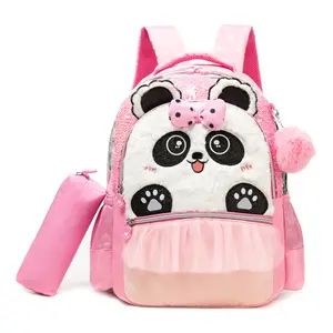 3-Piece Girls Plush Panda Backpack Set | Cute Pink Tutu School Bag with Lunch Box and Pencil Case | Waterproof Shiny Bookbag for Toddler Little Girls student daily