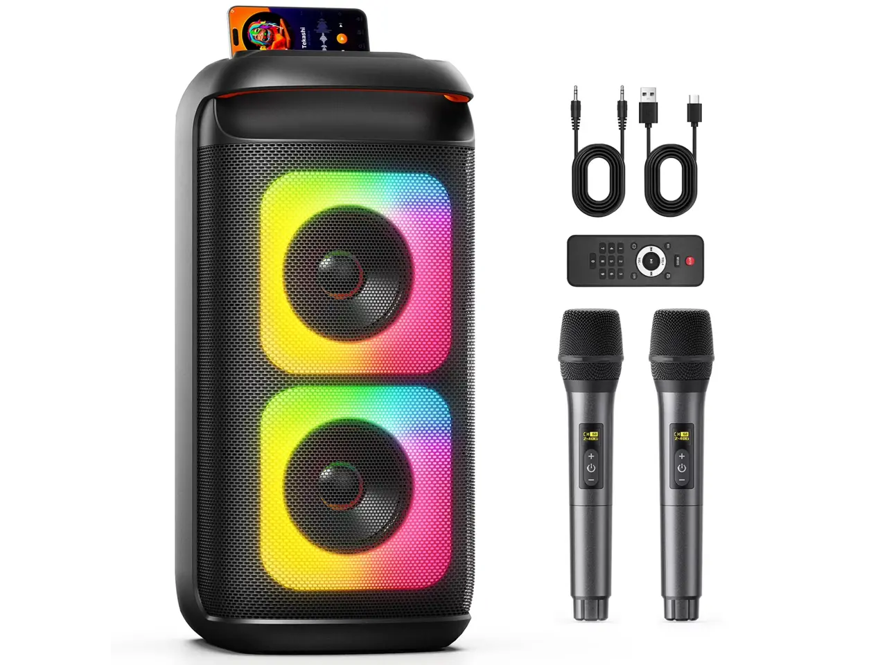 JYX Party Speaker, Portable Karaoke Machine, Dual Sub, Wireless Outdoor Speakers with Remote Control, DJ Lights, 2 Microphones, T37-T
