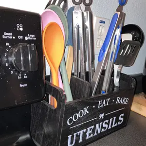 1 Rustic Wooden Kitchen Utensil Rack, 3 Compartment Countertop Organizer, Farmhouse Decor, Non-Food Contact, No Batteries Needed, Kitchen Storage Box | Decorative Utensil Holder | Handmade Appearance