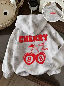 1 Piece Women‘s Fitted Graphic Geometric Pullover Hoodie with CHERRY Love Print, Streetwear Style Soft Top for Casual Daily Wear and Outings