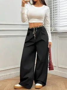 2026 New Women's Casual Wide-Leg Bottoms - Black, Gray Color Block, White Drawstring Waist, Loose Fit Pants for Spring & Autumn, Women's Clothes, Black Pants