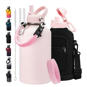 64 OZ Stainless Steel Sports Water Bottle - 32/40/64 Oz Insulated Water Jug with Straw & Auto Spout Lid, Paracord Handle, Bottle Sleeve, Cold 48H Hot 24H, Sweat-Proof Tactical Flask for Hiking,Pink Orange Purple Stainless Steel keep drink
