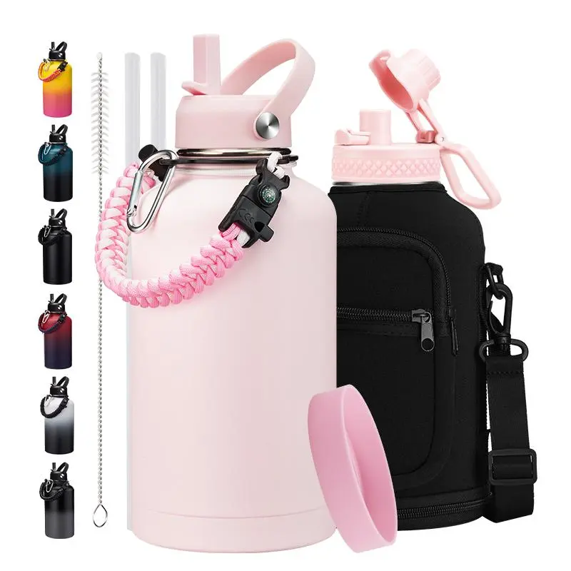 64 OZ Stainless Steel Sports Water Bottle - 32/40/64 Oz Insulated Water Jug with Straw & Auto Spout Lid, Paracord Handle, Bottle Sleeve, Cold 48H Hot 24H, Sweat-Proof Tactical Flask for Hiking,Pink Orange Purple Stainless Steel keep drink