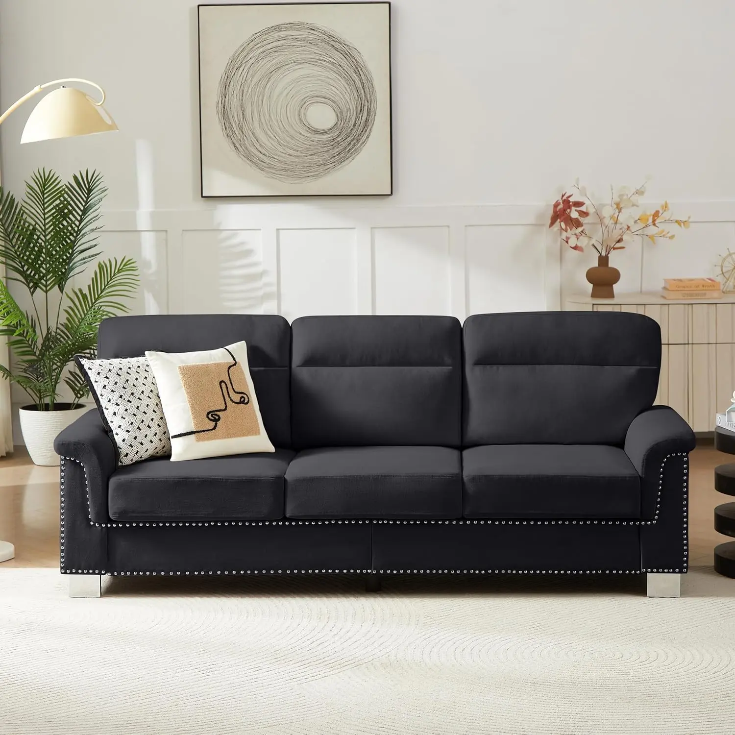 Sturdy Modern 3-Seater Snowfleece Fabric Sofa - 82" Long, 29.5x29.5x35.4in Cloud-Style, Memory Foam Feel, Supportive Spring Seat, Mid-Century Design, Wood-Metal Support, 79.30lbs, Assembly Required, Black Living Room Indoor Furniture Decor