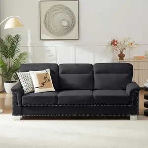 Sturdy 3-Seater Contemporary Settee - 82 x 29.5 x 35.4 Inches Cloud-Style Snowfleece Fabric Sofa, Memory Foam Feel, Supportive Spring Seat, Mid-Century Design, 79.30 lbs, Assembly Required, Living Room Furniture Decor (Black)