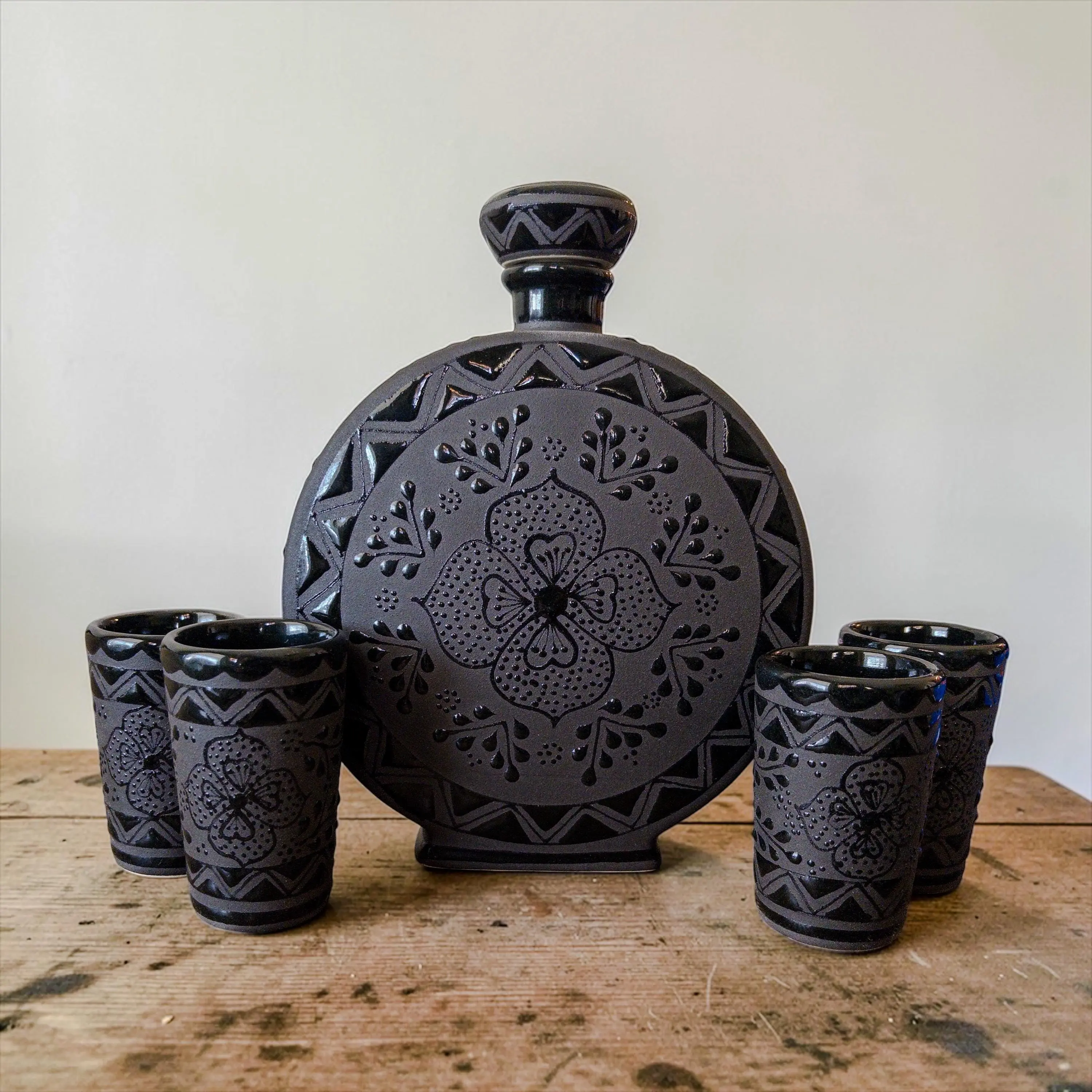 Handmade Ceramic Stoneware Tequila Decanter Set - 5-Piece Set with 4 x 2.5 oz Shot Glasses, Mexican Art, 1-of-a-Kind, Hand Wash, Ideal for Art Lovers, Parties
