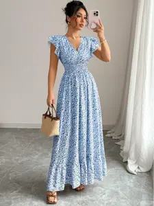 Women's Summer Casual Dress, Round Neck Leaf Sleeve Floral Print Waist Fitting Bohemian Flowy Long Skirt, All Seasons, Moderate Thickness Woven Fabric