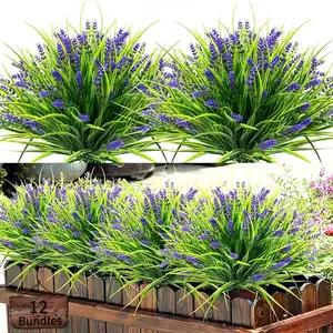 12/24pcs Fake Lavender Flowers, Artificial Flowers for Outdoors, Vibrant Faux Flowers, UV Resistant Plastic Plants, Faux Monkey Grass, Lifelike Fake Plant, Indoor Outdoor Decorations