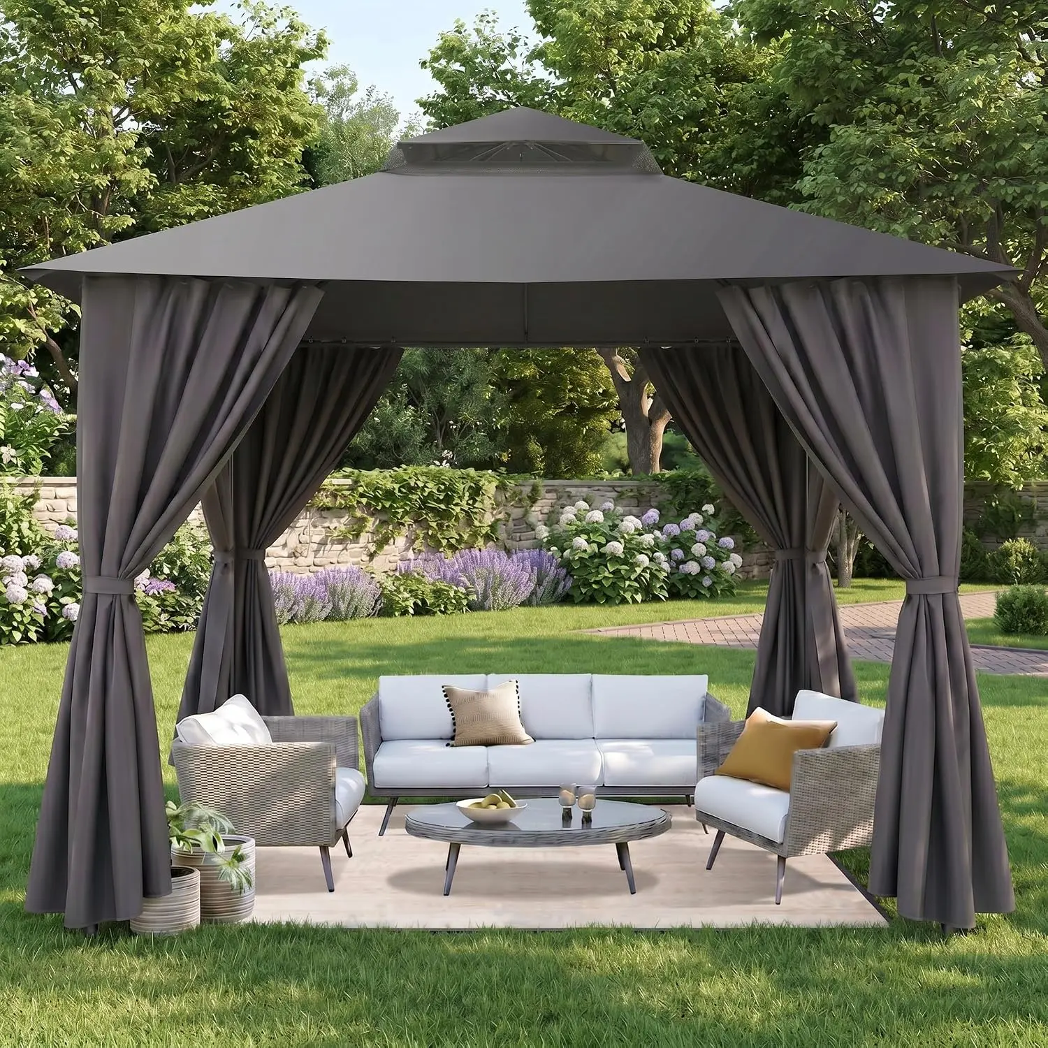 COBIZI 10'x10' Heavy-Duty Iron Pavilion, Outdoor Double-Layer Roof Sunshade Canopy with Adjustable Shade, Waterproof Metal Frame 10’x10’ Party Room for Patios, Lawns, Tear‑Resist Top