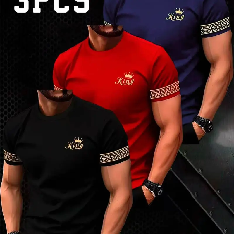 3-Pack Men's Casual Short Sleeve T-Shirts, Breathable Summer Fabric, Contrast Sleeves, Round Neck, Street Style, Comfortable, Father's Day Gift, Crewneck Tee