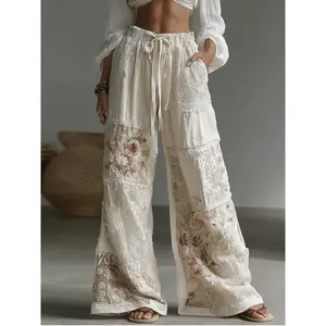 Women's Bohemian-style floral print wide-leg pants, loose fit, multi-color patchwork, stylish and fashionable, with a drawstring waistband - suitable for vacations, weddings, and casual occasions - versatile and comfortable