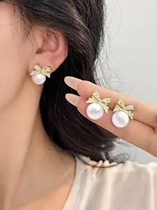 Versatile and exquisite butterfly bow sparkling diamond pearl earrings, suitable for daily wear, vacation and dating occasions, and also a surprising and delicate small gift, High Quality Earrings