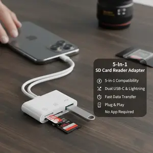 5-in-1 SD Card Reader for iPhone,iPad,Android – Dual USB-C & Lightning Adapter, Supports SD/MicroSD/USB 3.0, Fast Transfer, Plug & Play, No App Needed