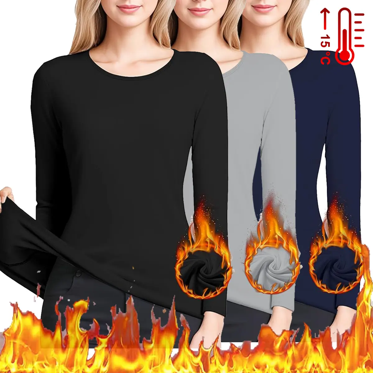 Women's 3-Pack Fleece-Lined Polyester Thermal Tops - Long Sleeve Basic Baselayer, Casual Outdoor Outerwear Winter Warmer, Shirts, Warmth, Scoop Neck, Lightweight, Plain, Soft Fleece Feels Gentle, Long Sleeves Wrap Arms, Easy Base Under Jackets