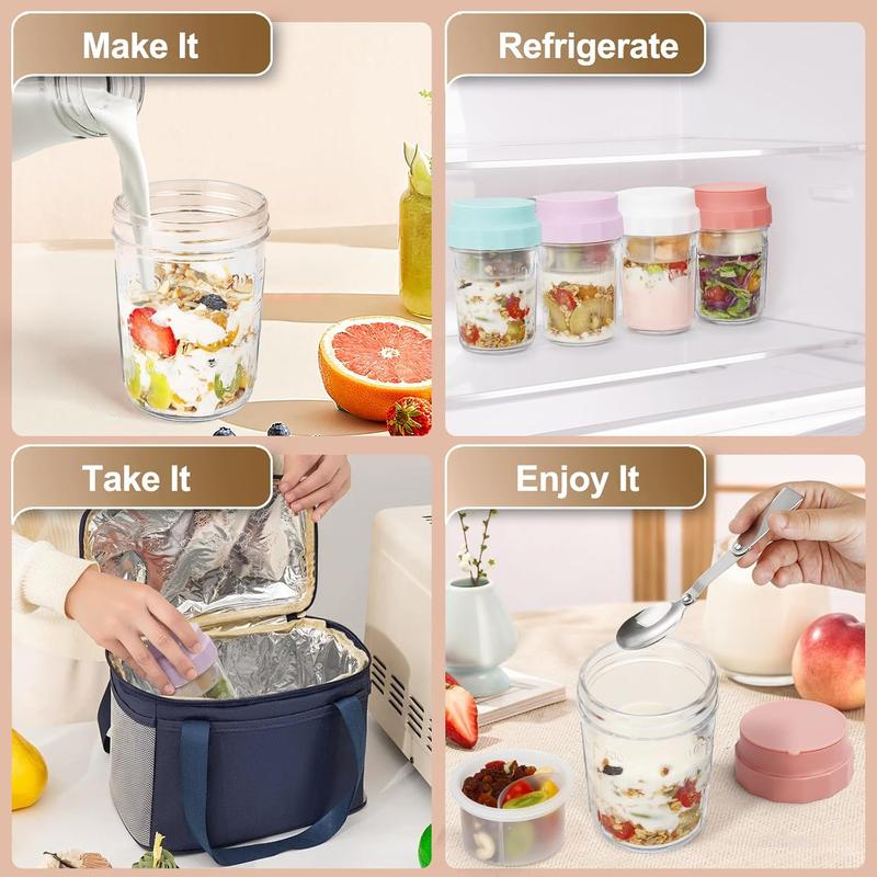 16oz Overnight Oats Jars, Yogurt Containers with Lids and Folding Spoons, 4 Pack Leak-Proof Wide Mouth Mason Jars Divided Compartments for Fruit & Nuts, Glass Jars with Measure Marks for Cereal Salad