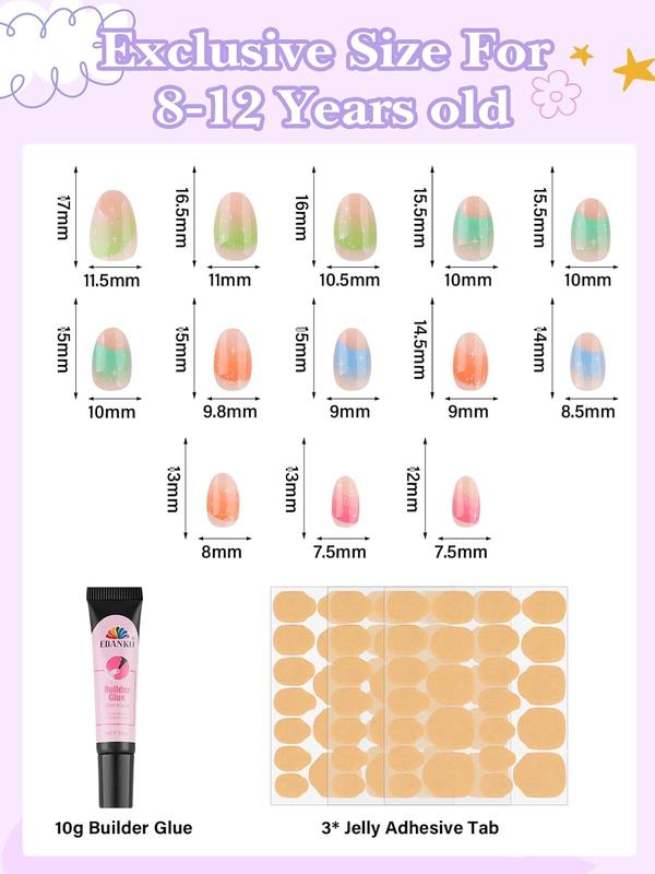 EBANKU Press on Nails Kit for Kids,Includes 144、130、78、24 Pieces Per Pack,Colorful Flower Almond Fake Nail Tips for Girls, Kid Fake Nail Kit for Girls 8-12 Years Old with Jelly Nail Adhesives Valentine Nails Kit and Birthday Gifts Holiday Haul Diy