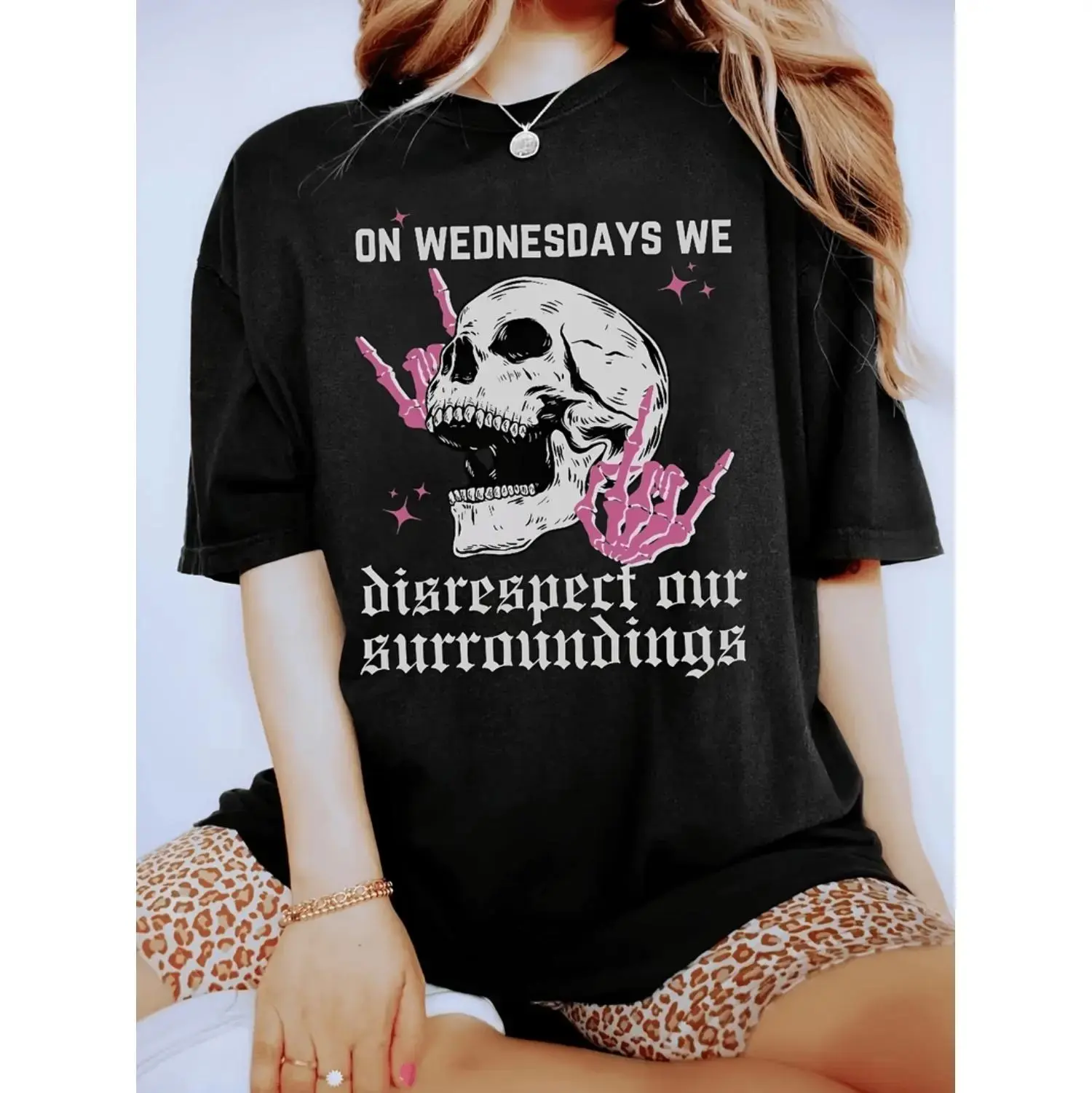Women's 100% Cotton Skull Print Short-Sleeve T-Shirt - Black Metalhead Design, Rebel Quote, Loose-Fit, Stretchy Round Neck, All-Season Casual Wear