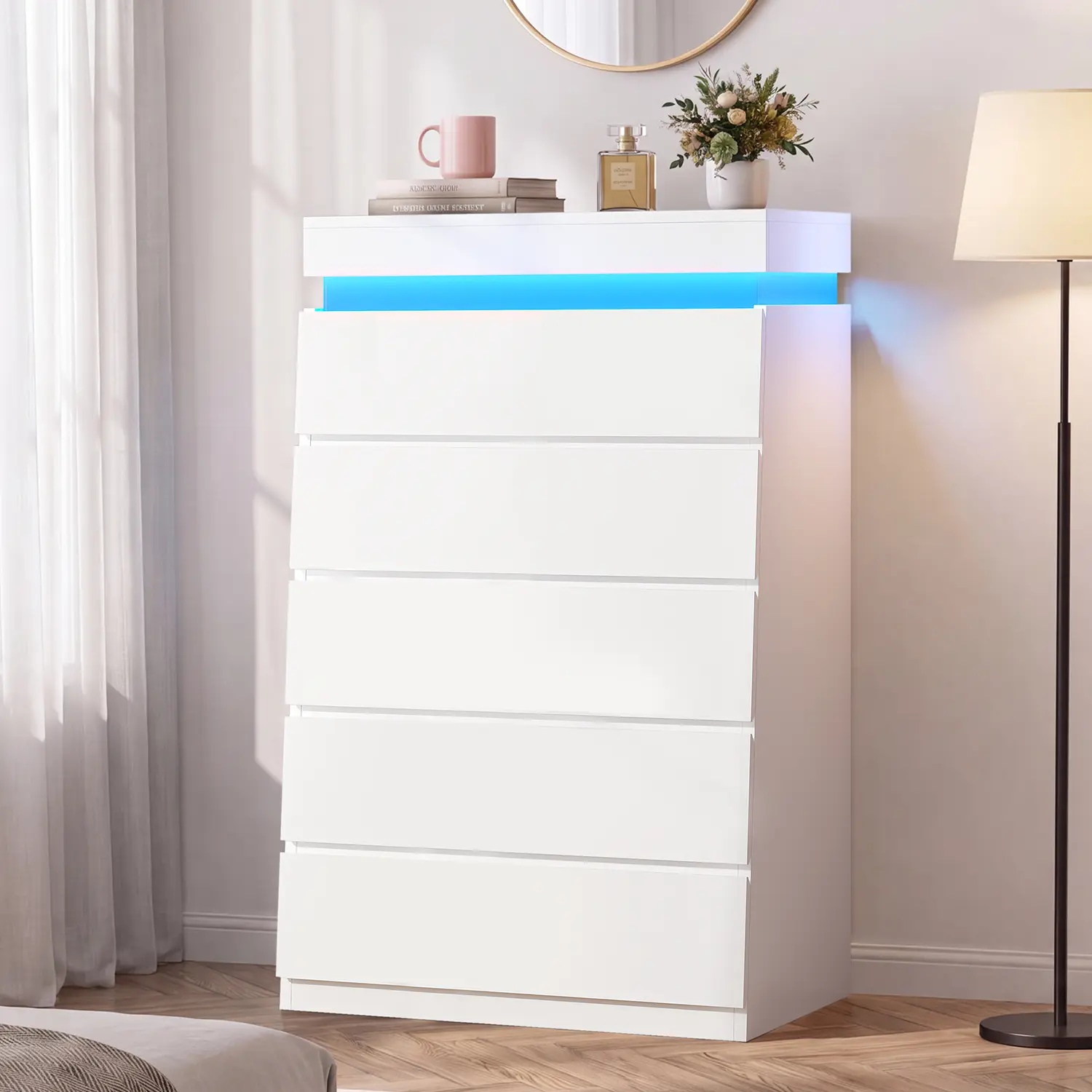 HAUOMS 45.3-Inch Tall Modern Chest of Drawers, 5 Handleless Drawers with LED Light, Beveled Base Engineered Wood Dresser for Bedroom, Living Room (Requires Setup)