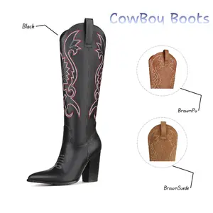 Womens Cowboy Knee High Boots Cowgirl Boots Western Boots with Embroidered Pointed Toe Chunky Heel Slip on Retro Tall Boots