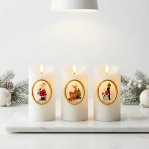 Flameless Christmas candle, flickers in the center, rotates with music, battery powered, LED columnar decorative light, 3D black wick flame.