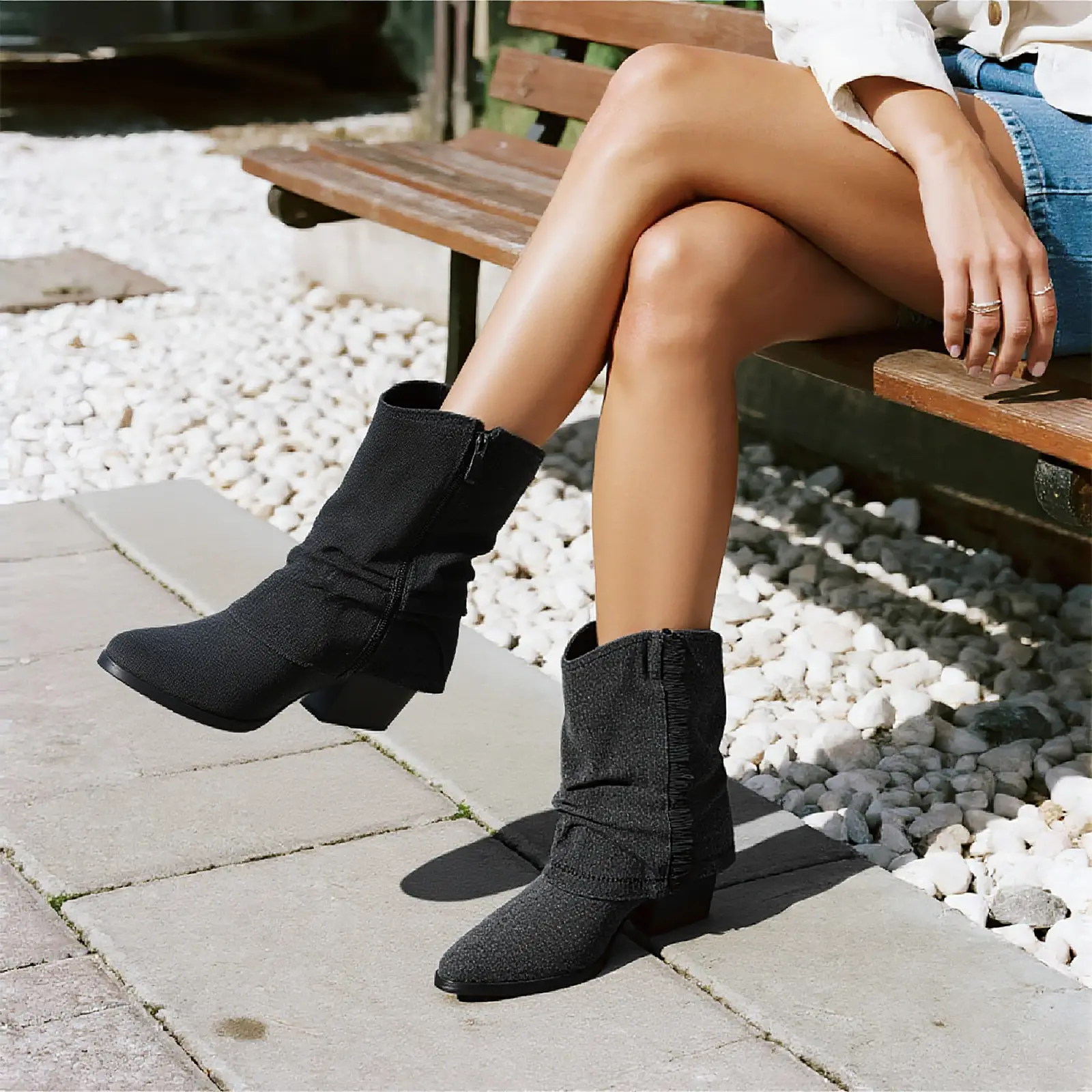 Womens Slouchy Denim Western Ankle Boots, Pointed Toe Block Low Heel Cowboy Boots, Side Zipper Casual Short Boots for Daily Outdoor Street Wear